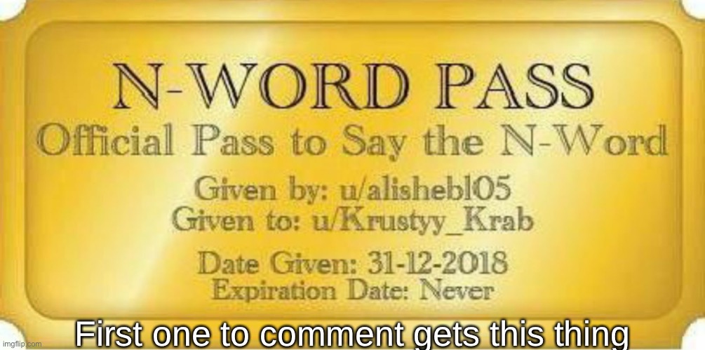 N-word pass | First one to comment gets this thing | image tagged in n-word pass | made w/ Imgflip meme maker