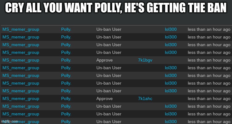 CRY ALL YOU WANT POLLY, HE'S GETTING THE BAN | made w/ Imgflip meme maker