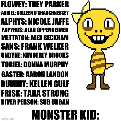 I almost forgot, I was busy with something | FLOWEY: TREY PARKER; ASRIEL: COLLEEN O'SHAUGHNESSEY; ALPHYS: NICOLE JAFFE; PAPYRUS: ALAN OPPENHEIMER; METTATON: ALEX BECKHAM; SANS: FRANK WELKER; UNDYNE: KIMBERLY BROOKS; TORIEL: DONNA MURPHY; GASTER: AARON LANDON; DUMMY: KELLEN GULF; FRISK: TARA STRONG; RIVER PERSON: SUB URBAN; MONSTER KID: | made w/ Imgflip meme maker