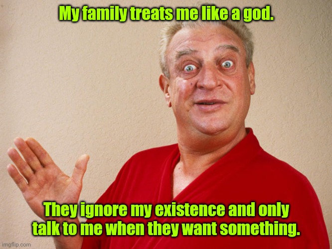 From no respect to respect. | My family treats me like a god. They ignore my existence and only talk to me when they want something. | image tagged in rodney dangerfield,funny | made w/ Imgflip meme maker