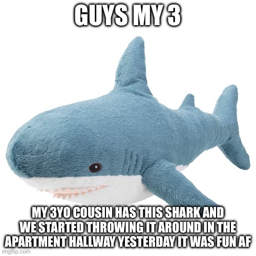Peak moment | GUYS MY 3; MY 3YO COUSIN HAS THIS SHARK AND WE STARTED THROWING IT AROUND IN THE APARTMENT HALLWAY YESTERDAY IT WAS FUN AF | image tagged in shark | made w/ Imgflip meme maker