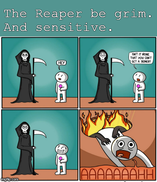 He grim. | The Reaper be grim.
And sensitive. | image tagged in memes,dark humor | made w/ Imgflip meme maker