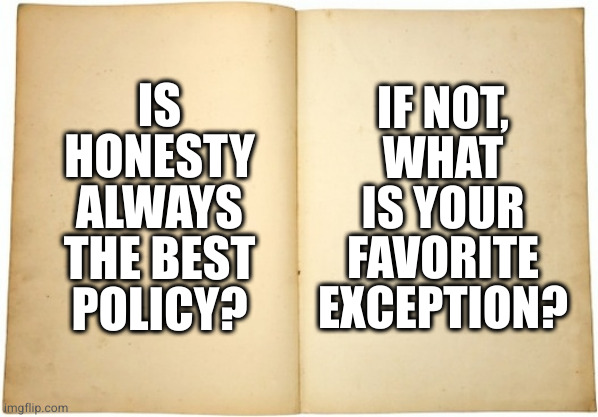 I think we're going to need a bigger book | IF NOT,
WHAT
IS YOUR
FAVORITE
EXCEPTION? IS HONESTY ALWAYS THE BEST POLICY? | image tagged in dictionary meme | made w/ Imgflip meme maker