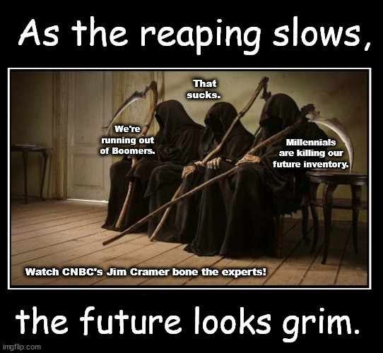 The economy looking grims | As the reaping slows, That sucks. We're running out of Boomers. Millennials are killing our future inventory. Watch CNBC's Jim Cramer bone the experts! the future looks grim. | image tagged in memes,grim reaper,funner | made w/ Imgflip meme maker