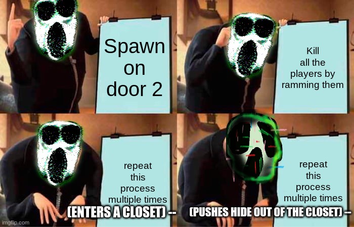 Gru's Plan Meme | Spawn on door 2; Kill all the players by ramming them; repeat this process multiple times; repeat this process multiple times; (PUSHES HIDE OUT OF THE CLOSET) --; (ENTERS A CLOSET) -- | image tagged in memes,gru's plan | made w/ Imgflip meme maker
