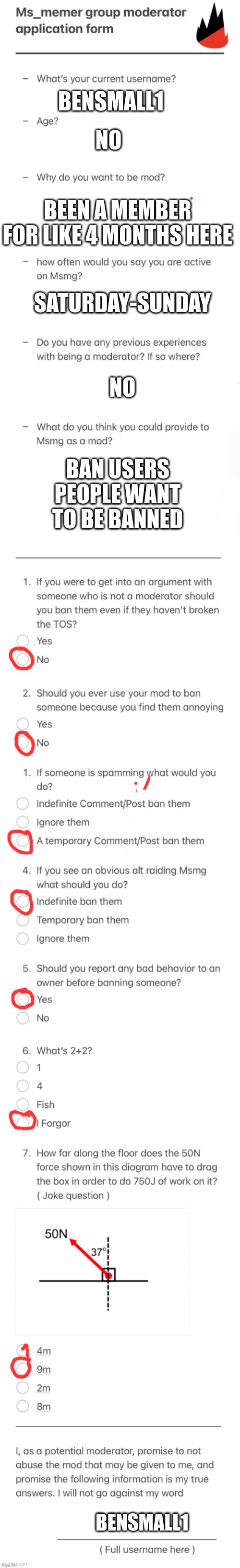 UPDATED MSMG MOD FORM | NO; BENSMALL1; SATURDAY-SUNDAY; BEEN A MEMBER FOR LIKE 4 MONTHS HERE; NO; BAN USERS PEOPLE WANT TO BE BANNED; BENSMALL1 | image tagged in updated msmg mod form | made w/ Imgflip meme maker