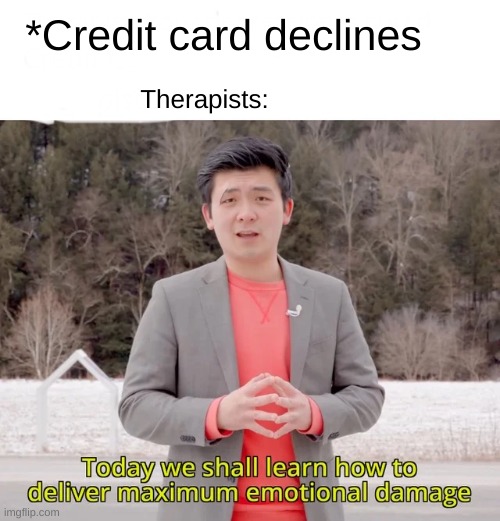 Today we will learn how to deal maximum emotional damage | *Credit card declines; Therapists: | image tagged in today we will learn how to deal maximum emotional damage | made w/ Imgflip meme maker