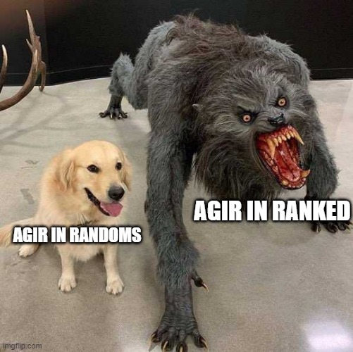 Two sides to the ship | AGIR IN RANKED; AGIR IN RANDOMS | image tagged in golden retriever with monster,world of warships,gaming,pc gaming | made w/ Imgflip meme maker