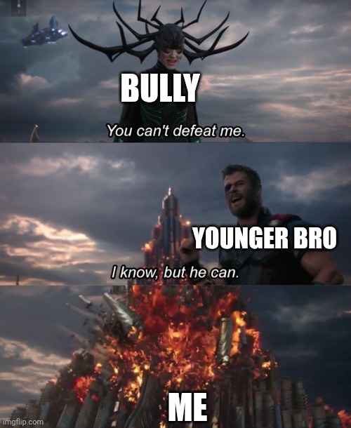You can't defeat me | BULLY; YOUNGER BRO; ME | image tagged in you can't defeat me | made w/ Imgflip meme maker