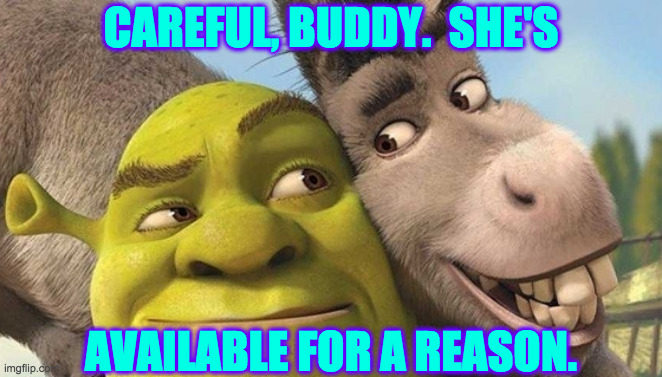 CAREFUL, BUDDY.  SHE'S AVAILABLE FOR A REASON. | made w/ Imgflip meme maker