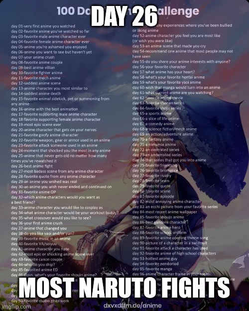 100 day anime challenge | DAY 26; MOST NARUTO FIGHTS | image tagged in 100 day anime challenge | made w/ Imgflip meme maker