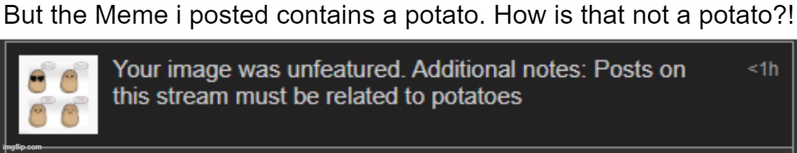 Didn't knew there were Reddit Mods in this stream... | But the Meme i posted contains a potato. How is that not a potato?! | image tagged in potato,imgflip | made w/ Imgflip meme maker