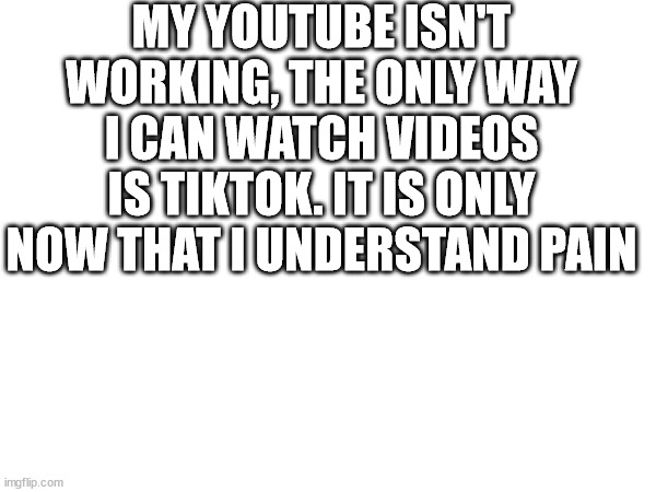 MY YOUTUBE ISN'T WORKING, THE ONLY WAY I CAN WATCH VIDEOS IS TIKTOK. IT IS ONLY NOW THAT I UNDERSTAND PAIN | image tagged in memes,pain,youtube,tiktok sucks | made w/ Imgflip meme maker