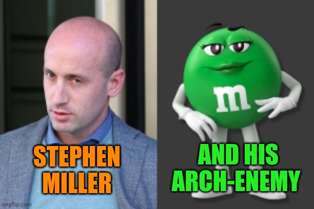 Separated at birth? | AND HIS ARCH-ENEMY; STEPHEN
MILLER | image tagged in stephen miller,ms green,fascist self parody,time to make world war 2 look like a tea party | made w/ Imgflip meme maker