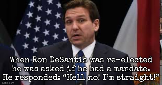 Ron DeSantis mandate | When Ron DeSantis was re-elected he was asked if he had a mandate. He responded: “Hell no! I’m straight!” | made w/ Imgflip meme maker