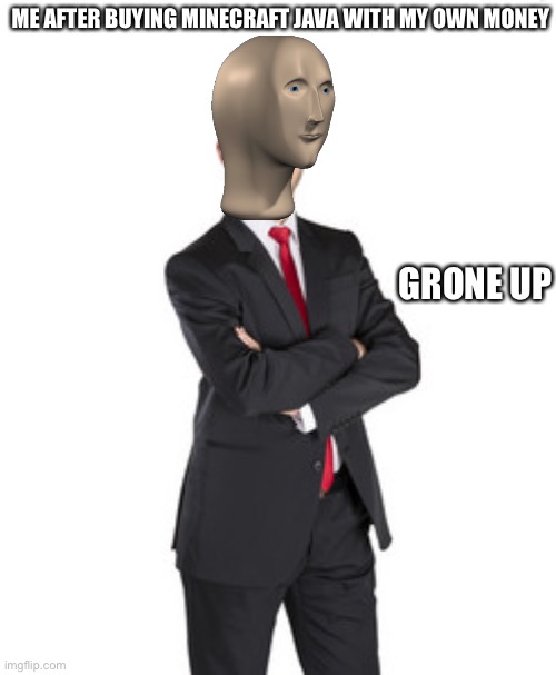 finally | ME AFTER BUYING MINECRAFT JAVA WITH MY OWN MONEY; GRONE UP | image tagged in minecraft,meme man | made w/ Imgflip meme maker