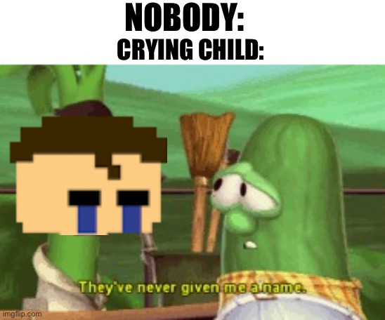 He’s been around since game four and he still doesn’t have a name! | NOBODY:; CRYING CHILD: | image tagged in they ve never given me a name,fnaf,fnaf 4,five nights at freddys | made w/ Imgflip meme maker