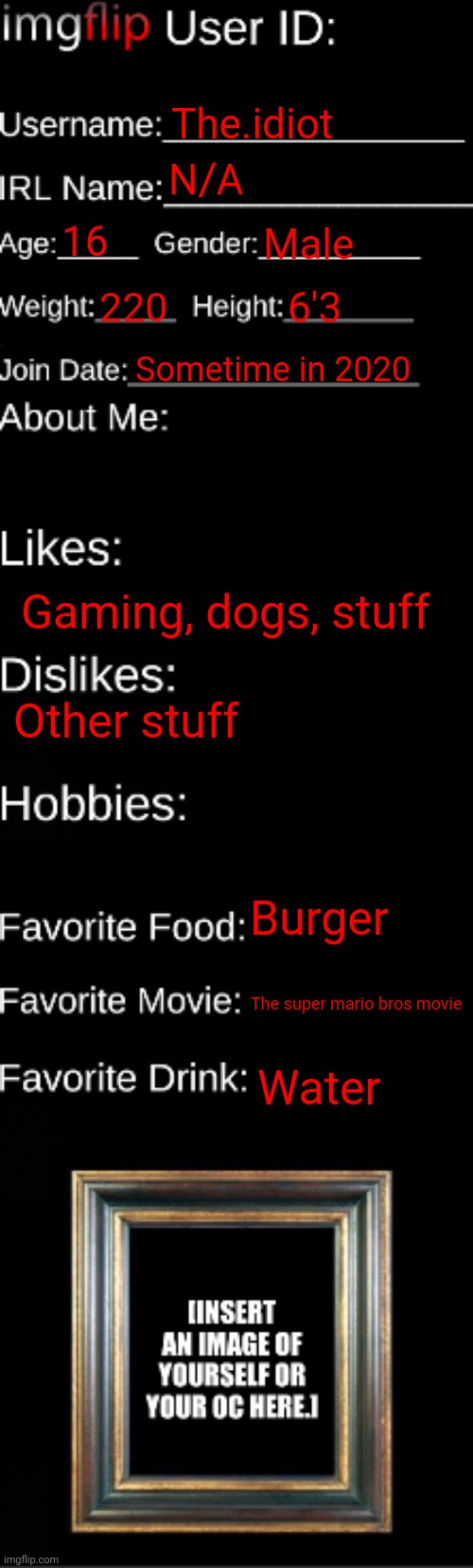 imgflip ID Card | The.idiot; N/A; 16; Male; 220; 6'3; Sometime in 2020; Gaming, dogs, stuff; Other stuff; Burger; The super mario bros movie; Water | image tagged in imgflip id card | made w/ Imgflip meme maker
