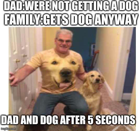 Da DOGE | DAD:WERE NOT GETTING A DOG; FAMILY:GETS DOG ANYWAY; DAD AND DOG AFTER 5 SECONDS | image tagged in dog,no dog,gets dog anyway | made w/ Imgflip meme maker