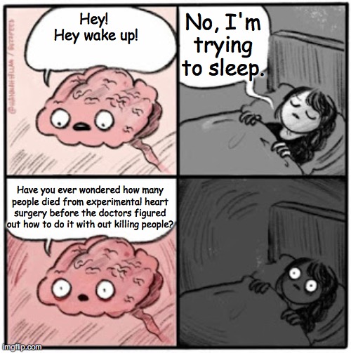 kill me | No, I'm trying to sleep. Hey!  Hey wake up! Have you ever wondered how many people died from experimental heart surgery before the doctors figured out how to do it with out killing people? | image tagged in brain before sleep | made w/ Imgflip meme maker