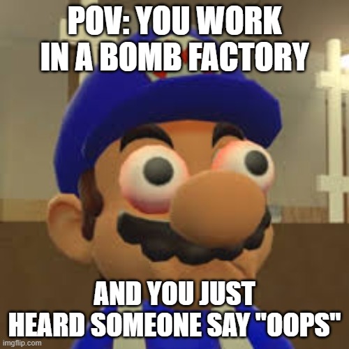 SMG4 thinks we're all going to die! | POV: YOU WORK IN A BOMB FACTORY; AND YOU JUST HEARD SOMEONE SAY "OOPS" | image tagged in smg4 oh shit | made w/ Imgflip meme maker