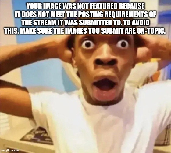 shocked black guy | YOUR IMAGE WAS NOT FEATURED BECAUSE IT DOES NOT MEET THE POSTING REQUIREMENTS OF THE STREAM IT WAS SUBMITTED TO. TO AVOID THIS, MAKE SURE THE IMAGES YOU SUBMIT ARE ON-TOPIC. | image tagged in shocked black guy | made w/ Imgflip meme maker