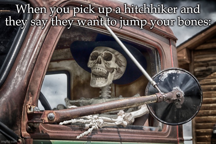 Bones | When you pick up a hitchhiker and they say they want to jump your bones: | image tagged in skeleton truck driver,bones,hitchhiker | made w/ Imgflip meme maker