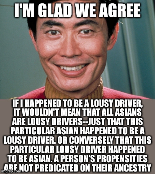 Sulu Smile | I'M GLAD WE AGREE IF I HAPPENED TO BE A LOUSY DRIVER,
IT WOULDN'T MEAN THAT ALL ASIANS
ARE LOUSY DRIVERS--JUST THAT THIS
PARTICULAR ASIAN HA | image tagged in sulu smile | made w/ Imgflip meme maker