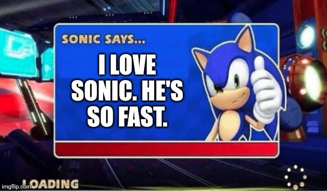 Sonic sez | I LOVE SONIC. HE'S SO FAST. | image tagged in sonic says | made w/ Imgflip meme maker