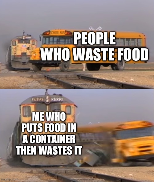 We put it in a container then waste it | PEOPLE WHO WASTE FOOD; ME WHO PUTS FOOD IN A CONTAINER THEN WASTES IT | image tagged in a train hitting a school bus,food,waste | made w/ Imgflip meme maker