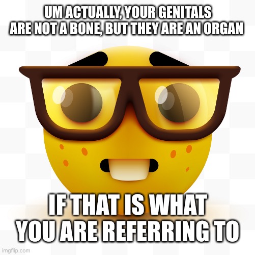 Nerd emoji | UM ACTUALLY, YOUR GENITALS ARE NOT A BONE, BUT THEY ARE AN ORGAN IF THAT IS WHAT YOU ARE REFERRING TO | image tagged in nerd emoji | made w/ Imgflip meme maker