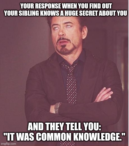 Common knowledge | YOUR RESPONSE WHEN YOU FIND OUT YOUR SIBLING KNOWS A HUGE SECRET ABOUT YOU; AND THEY TELL YOU: "IT WAS COMMON KNOWLEDGE." | image tagged in memes,face you make robert downey jr | made w/ Imgflip meme maker