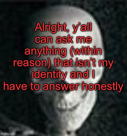 I can already feel that this shit is a mistake | Alright, y’all can ask me anything (within reason) that isn’t my identity and I have to answer honestly | image tagged in skull | made w/ Imgflip meme maker