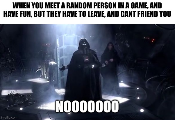 WHY | WHEN YOU MEET A RANDOM PERSON IN A GAME, AND HAVE FUN, BUT THEY HAVE TO LEAVE, AND CANT FRIEND YOU; NOOOOOOO | image tagged in vader nooooooooo | made w/ Imgflip meme maker