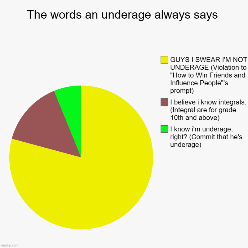 Chart | The words an underage always says | I know i'm underage, right? (Commit that he's underage), I believe i know integrals. (Integral are for g | image tagged in charts,pie charts | made w/ Imgflip chart maker
