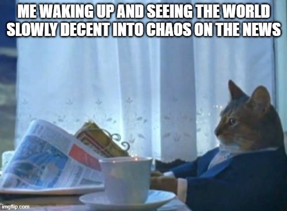 I Should Buy A Boat Cat | ME WAKING UP AND SEEING THE WORLD SLOWLY DECENT INTO CHAOS ON THE NEWS | image tagged in memes,i should buy a boat cat | made w/ Imgflip meme maker