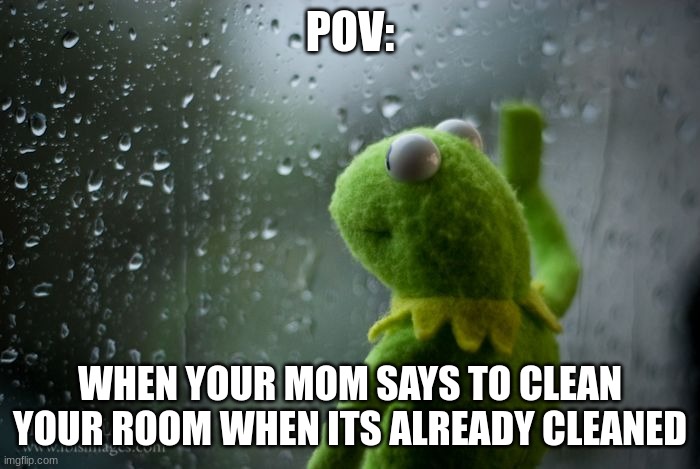 kermit window | POV:; WHEN YOUR MOM SAYS TO CLEAN YOUR ROOM WHEN ITS ALREADY CLEANED | image tagged in kermit window | made w/ Imgflip meme maker
