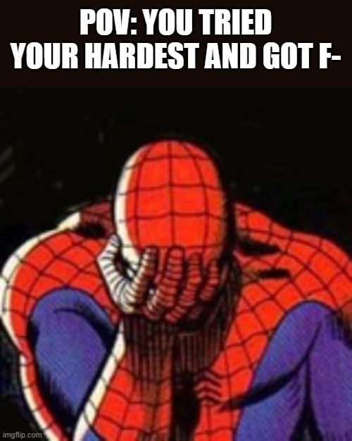 Sad Spiderman | POV: YOU TRIED YOUR HARDEST AND GOT F- | image tagged in memes,sad spiderman,spiderman | made w/ Imgflip meme maker