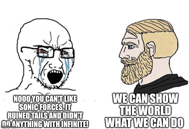 Soyboy Vs Yes Chad | WE CAN SHOW THE WORLD WHAT WE CAN DO; NOOO YOU CAN'T LIKE SONIC FORCES, IT RUINED TAILS AND DIDN'T DO ANYTHING WITH INFINITE! | image tagged in soyboy vs yes chad | made w/ Imgflip meme maker
