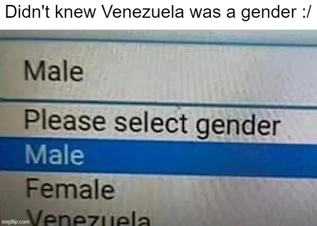 Made the survey boss | Didn't knew Venezuela was a gender :/ | image tagged in you had one job,memes,funny | made w/ Imgflip meme maker