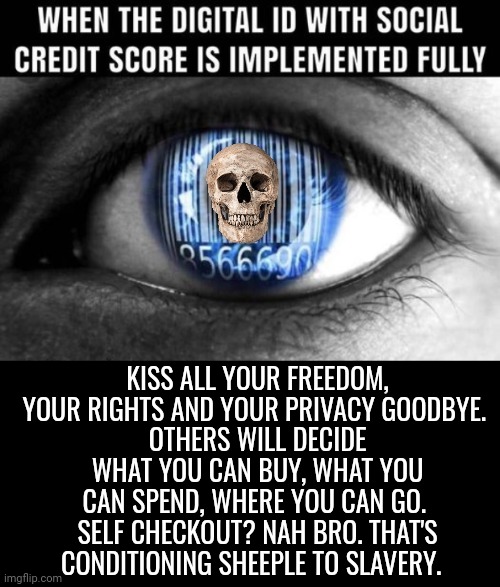 Resist Digital Slavery | KISS ALL YOUR FREEDOM, YOUR RIGHTS AND YOUR PRIVACY GOODBYE. 
OTHERS WILL DECIDE WHAT YOU CAN BUY, WHAT YOU CAN SPEND, WHERE YOU CAN GO. 
SELF CHECKOUT? NAH BRO. THAT'S CONDITIONING SHEEPLE TO SLAVERY. | image tagged in black box,skull | made w/ Imgflip meme maker