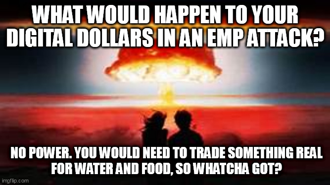 WHATCHA GOT? | WHAT WOULD HAPPEN TO YOUR DIGITAL DOLLARS IN AN EMP ATTACK? NO POWER. YOU WOULD NEED TO TRADE SOMETHING REAL
 FOR WATER AND FOOD, SO WHATCHA GOT? | image tagged in digital,nuclear bomb,survival | made w/ Imgflip meme maker