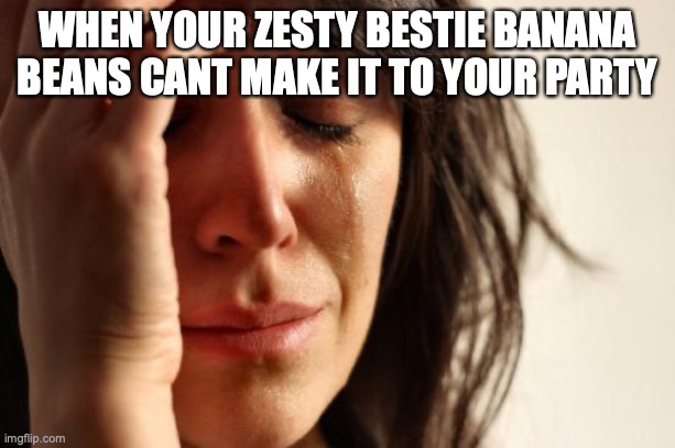 First World Problems | WHEN YOUR ZESTY BESTIE BANANA BEANS CANT MAKE IT TO YOUR PARTY | image tagged in memes,first world problems | made w/ Imgflip meme maker