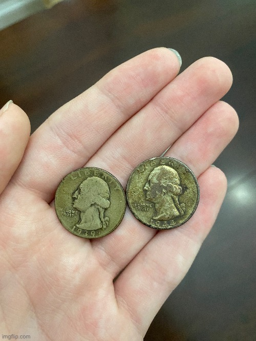 Two quarters from WWII. These are my grandma’s | image tagged in coin,history,interesting | made w/ Imgflip meme maker