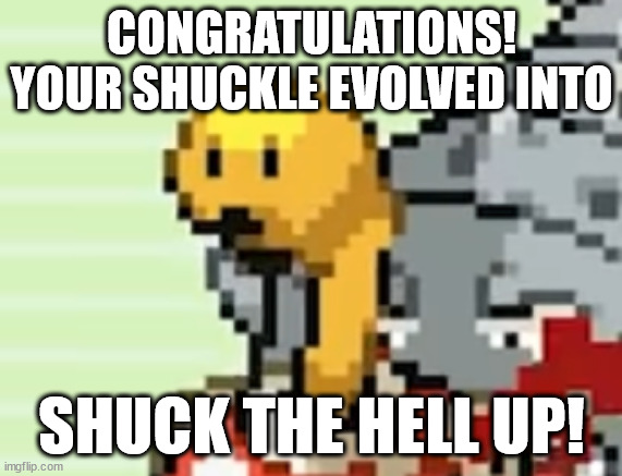 Shuckle pog | CONGRATULATIONS! YOUR SHUCKLE EVOLVED INTO SHUCK THE HELL UP! | image tagged in shuckle pog | made w/ Imgflip meme maker