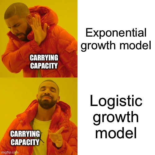 Drake Hotline Bling Meme | Exponential growth model; CARRYING CAPACITY; Logistic growth model; CARRYING CAPACITY | image tagged in memes,drake hotline bling | made w/ Imgflip meme maker