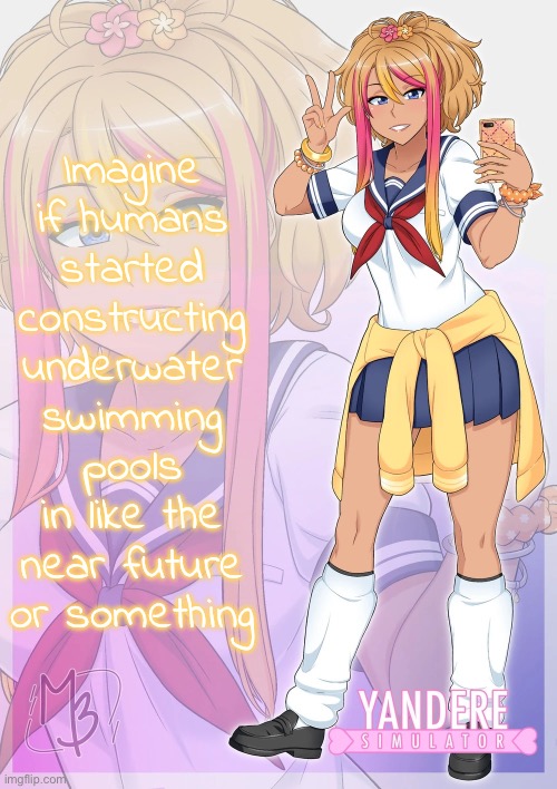 Like if humans started living underwater and constructed swimming pools on the seafloor | Imagine if humans started constructing underwater swimming pools in like the near future or something | image tagged in hana daidaiyama | made w/ Imgflip meme maker