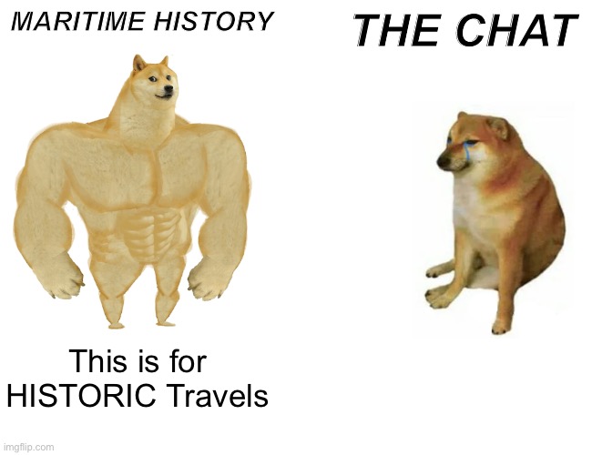 This is for Historic Travels YouTube | MARITIME HISTORY; THE CHAT; This is for HISTORIC Travels | image tagged in memes,buff doge vs cheems | made w/ Imgflip meme maker