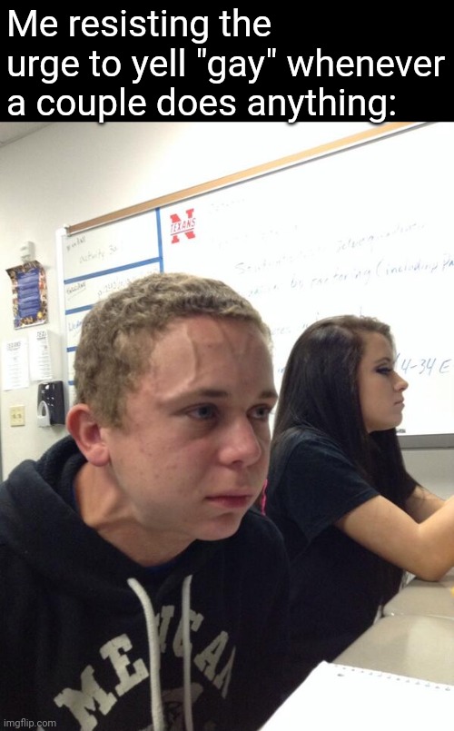Gotta annoy them as much as possible | Me resisting the urge to yell "gay" whenever a couple does anything: | image tagged in hold fart,memes,challenge,gay,relationships,jokes | made w/ Imgflip meme maker
