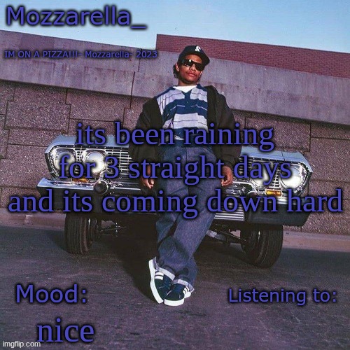 Eazy-E Temp | its been raining for 3 straight days and its coming down hard; nice | image tagged in eazy-e temp | made w/ Imgflip meme maker